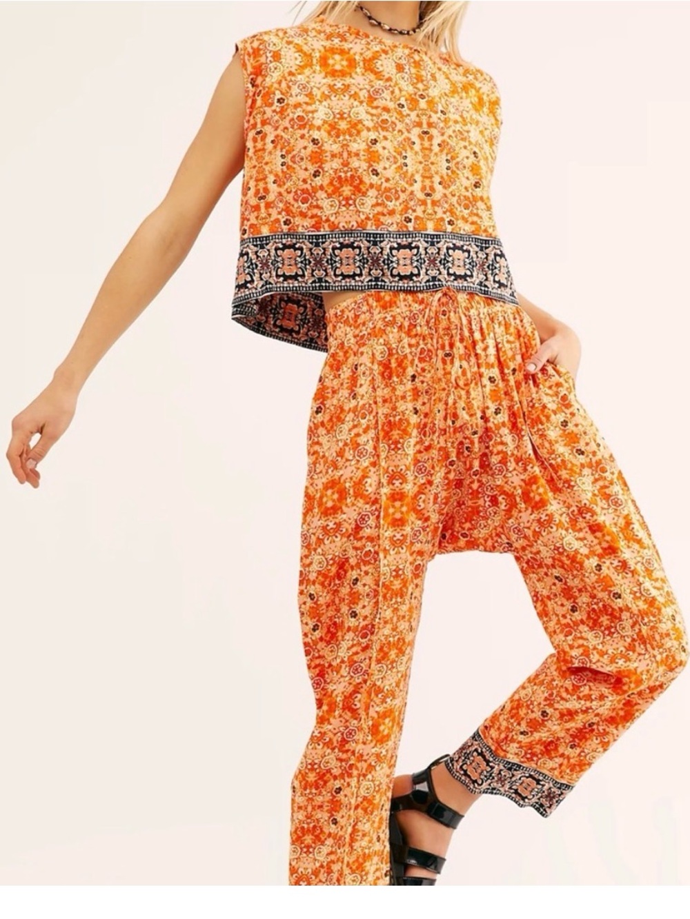 Free People Orange Printed Jumpsuit with Navy Trim
